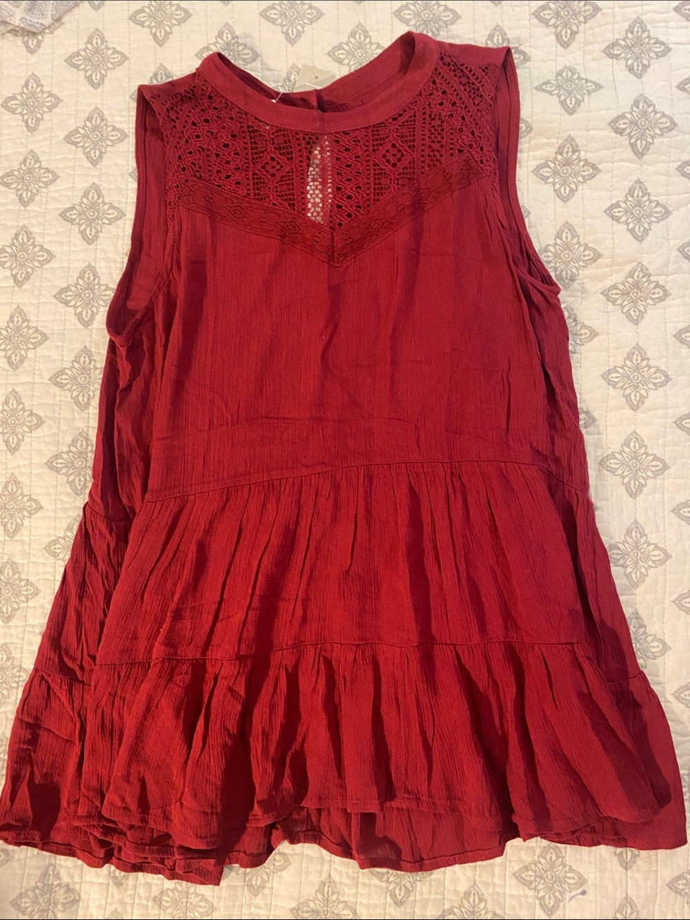 Maurices Sleeveless Crochet Yoke Tank Top in Deep Red